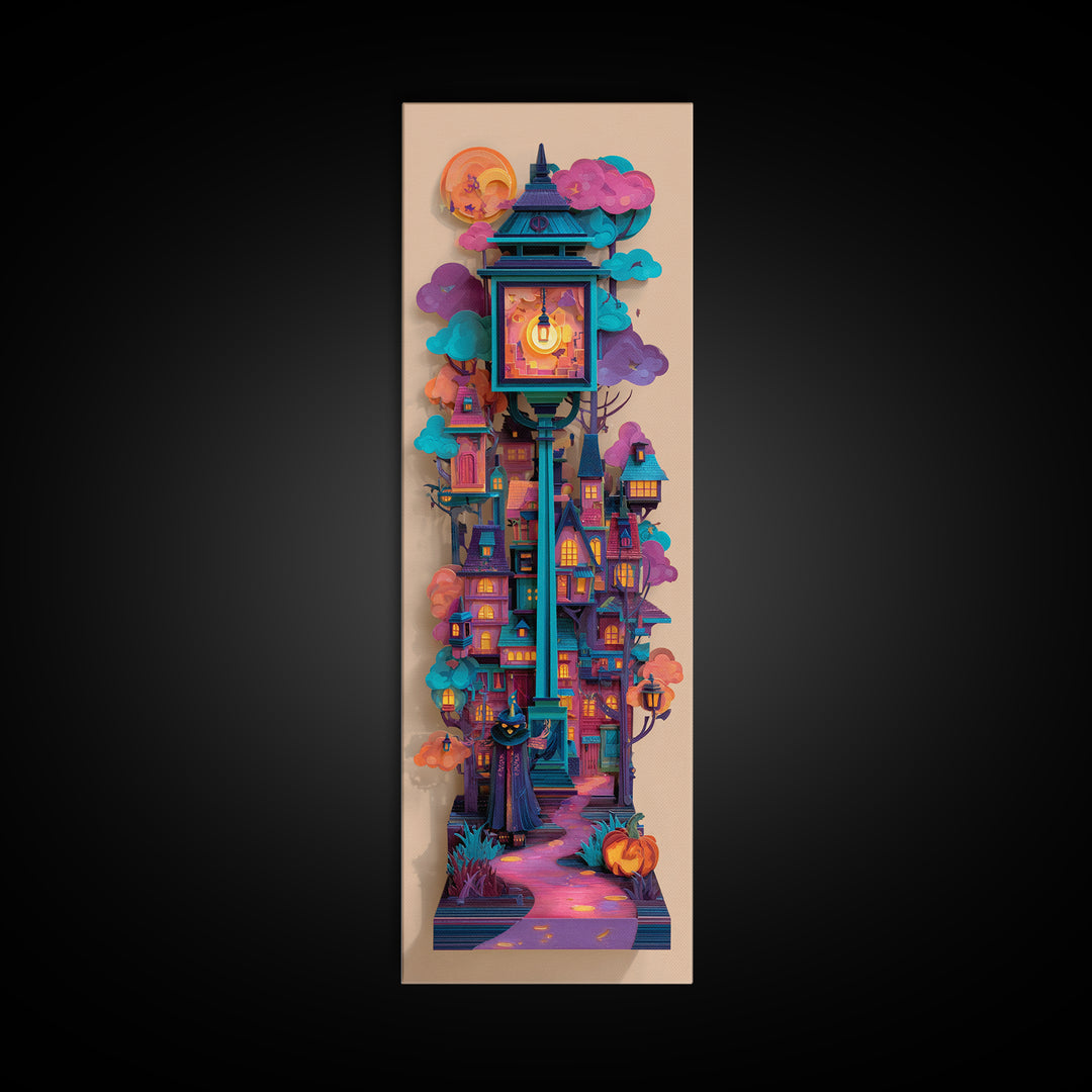 The World Inside A Lantern, Vaporwave Halloween Decor, Tall Narrow Wall Art, Canvas Print, Retro Halloween Decor, Neon Wall Art