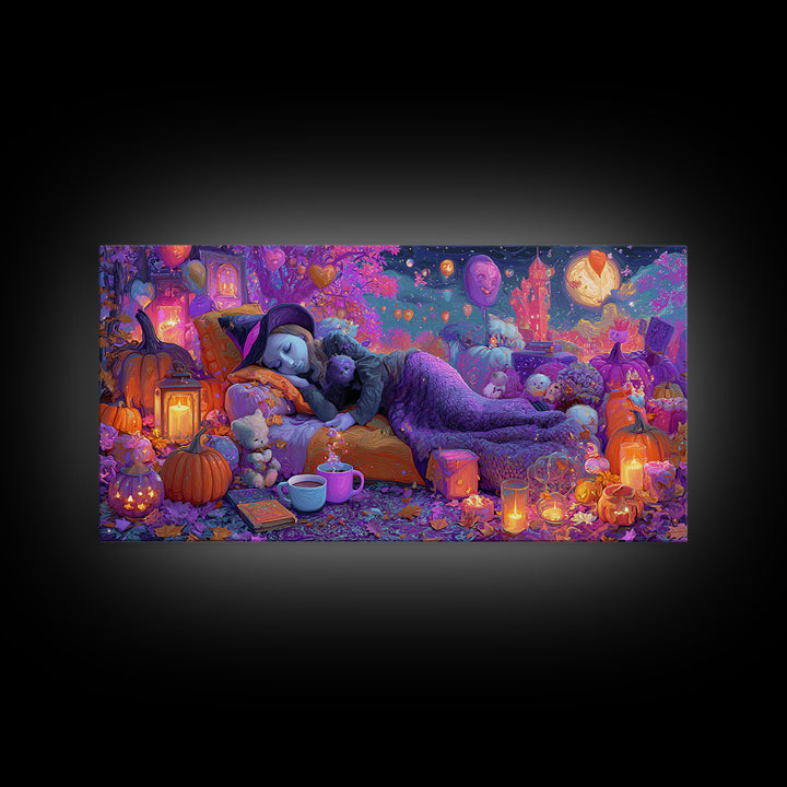The Festival Of Friendly Frights, 80s Halloween Wall Art, Wide Panoramic Art, Framed Canvas Print, Retro Halloween Decor, Neon Wall Art