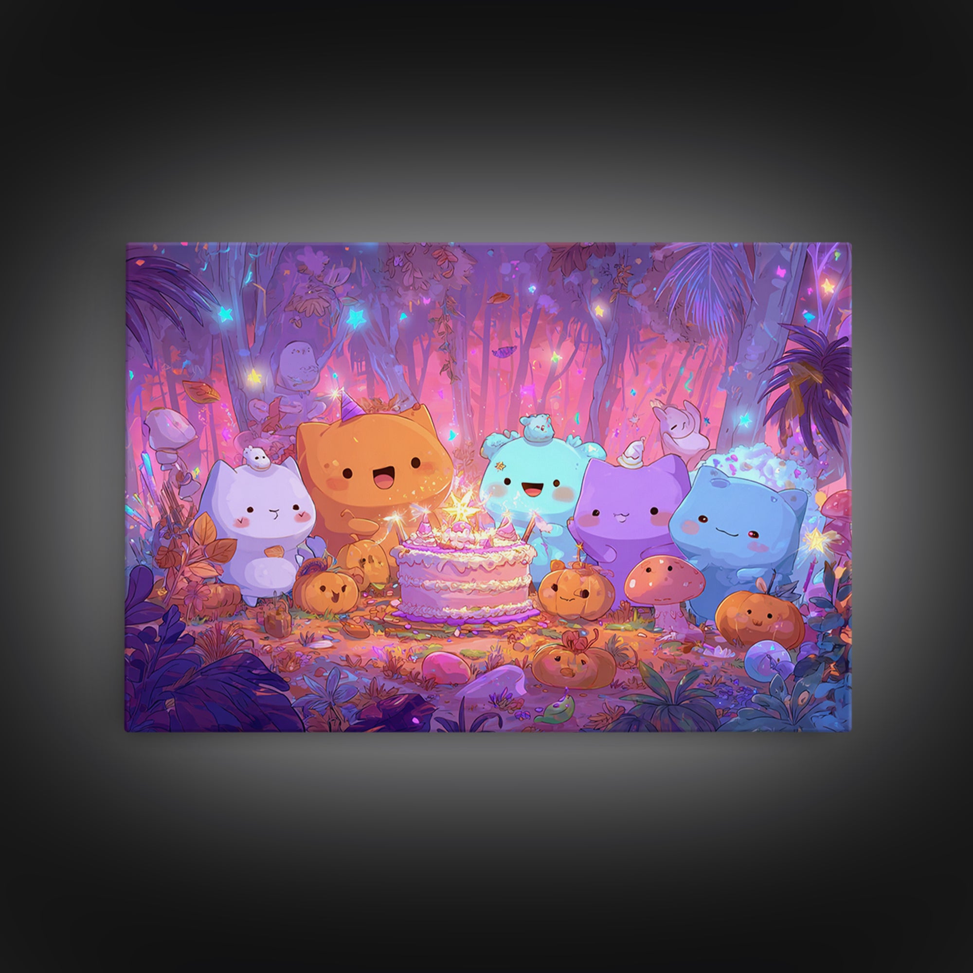 October'S Birthday Party, Cute Spooky Neon Art, Landscape Wall Art, Framed Canvas Print, Retro Halloween Decor, Neon Wall Art