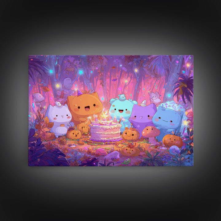 October'S Birthday Party, Cute Spooky Neon Art, Landscape Wall Art, Framed Canvas Print, Retro Halloween Decor, Neon Wall Art