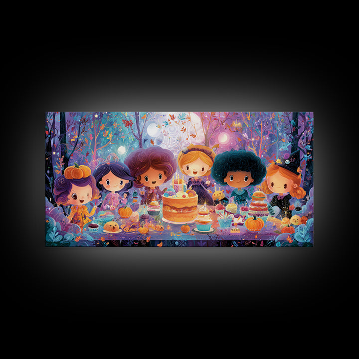 October'S Birthday Party, Vaporwave Halloween Decor, Wide Panoramic Art, Framed Canvas Print, Retro Halloween Decor, Neon Wall Art