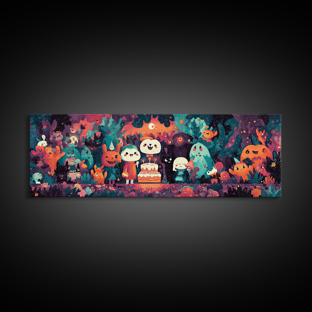October'S Birthday Party, Vaporwave Halloween Decor, Extra Wide Wall Art, Canvas Print, Retro Halloween Decor, Neon Wall Art