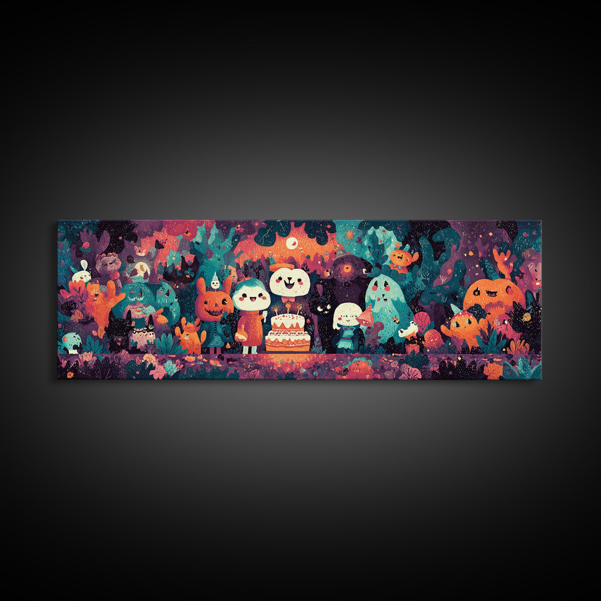 October'S Birthday Party, Vaporwave Halloween Decor, Extra Wide Wall Art, Canvas Print, Retro Halloween Decor, Neon Wall Art