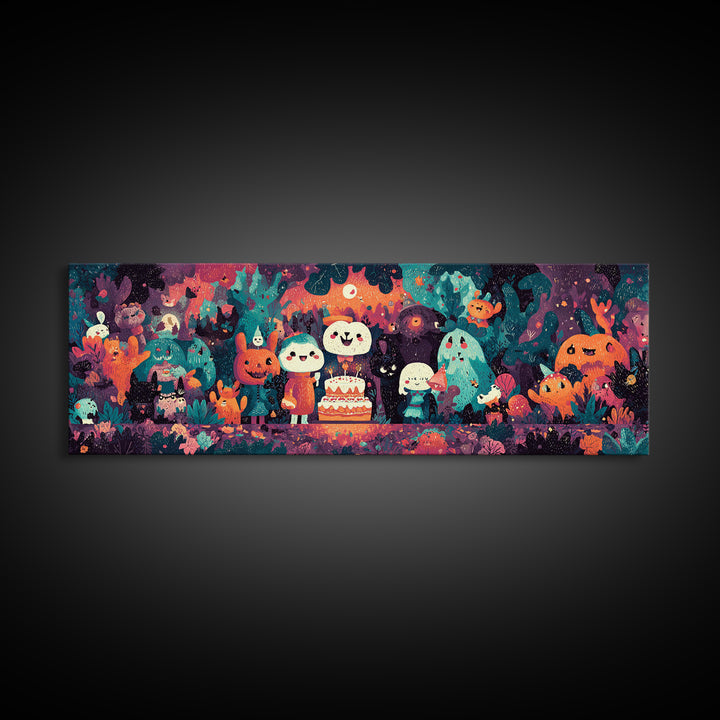 October'S Birthday Party, Vaporwave Halloween Decor, Extra Wide Wall Art, Canvas Print, Retro Halloween Decor, Neon Wall Art