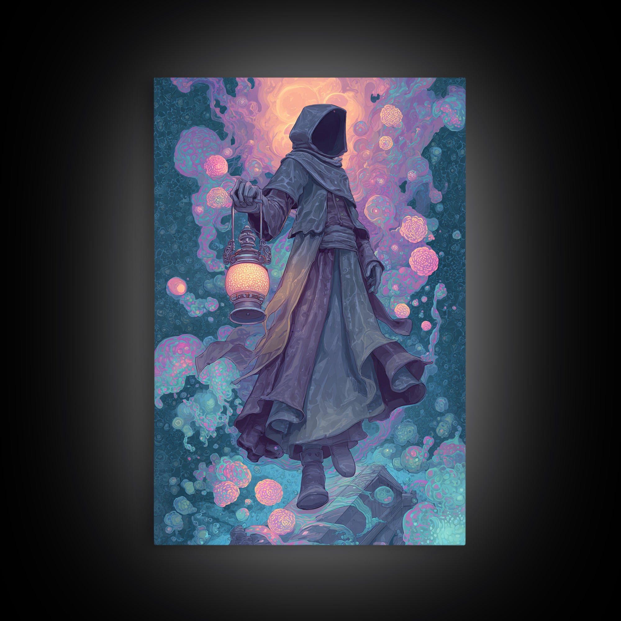 The Lantern-Bearer Of R’Lyeh, Retro Neon Halloween Art, Vertical Wall Art, Canvas Print, Retro Halloween Decor, Neon Wall Art