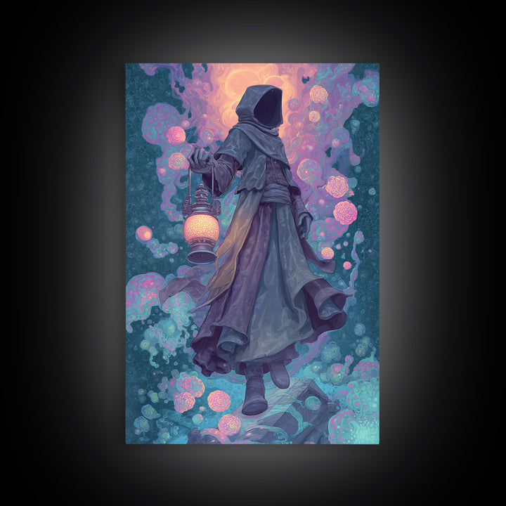 The Lantern-Bearer Of R’Lyeh, Retro Neon Halloween Art, Vertical Wall Art, Canvas Print, Retro Halloween Decor, Neon Wall Art