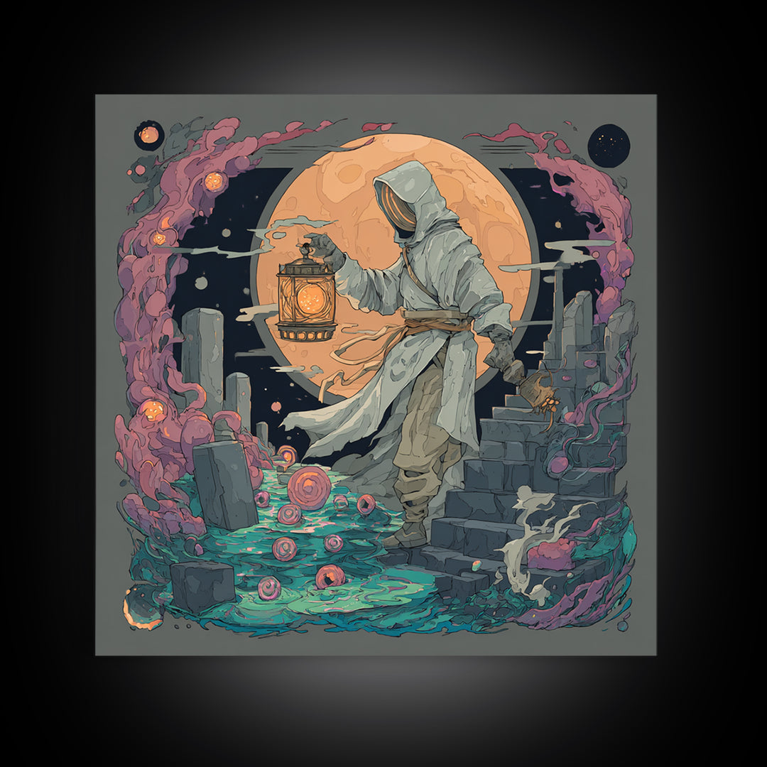 The Lantern-Bearer Of R’Lyeh, Vaporwave Halloween Decor, Square Wall Art, Framed Canvas Print, Retro Halloween Decor, Neon Wall Art