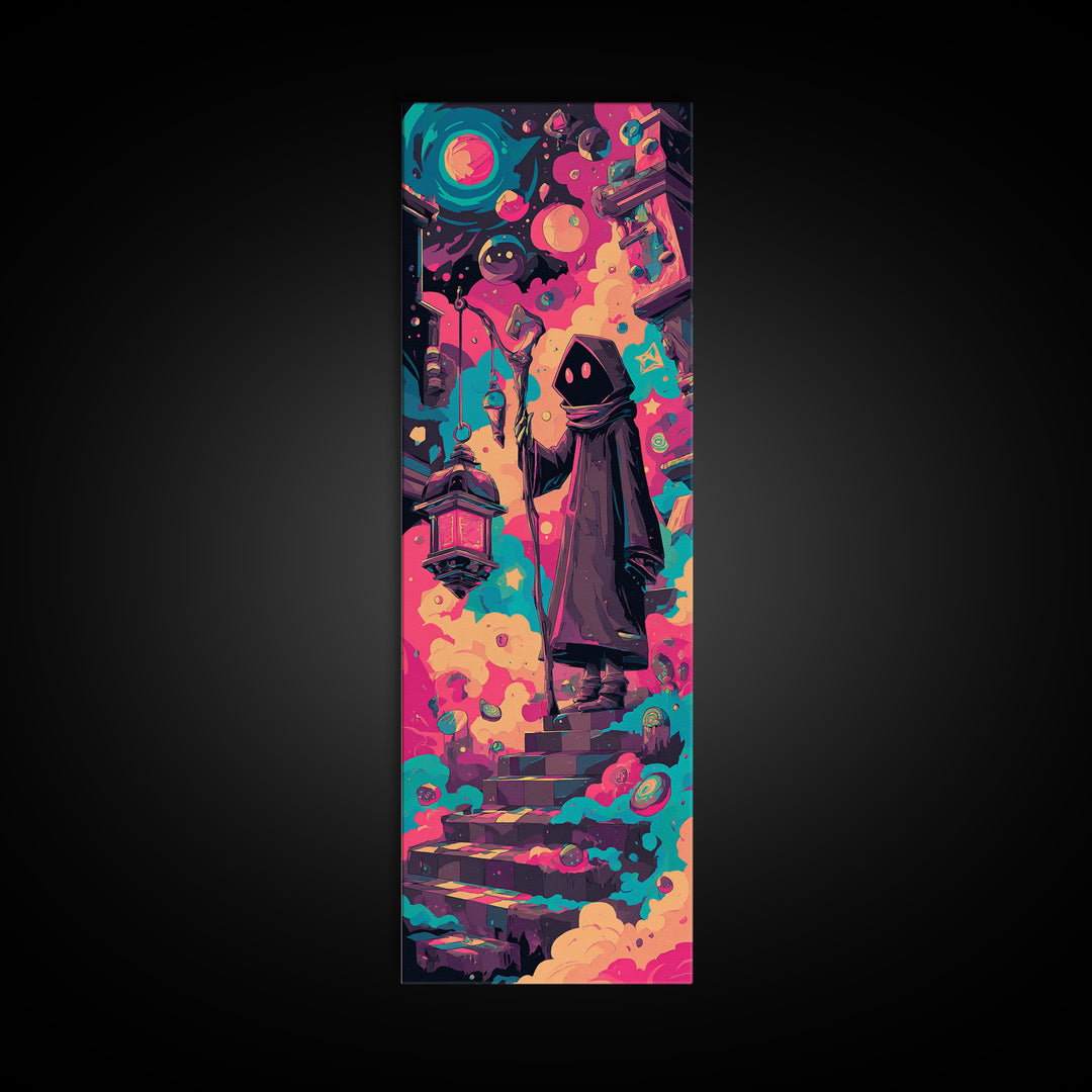 The Lantern-Bearer Of R’Lyeh, Retro Neon Halloween Art, Tall Narrow Wall Art, Canvas Print, Retro Halloween Decor, Neon Wall Art