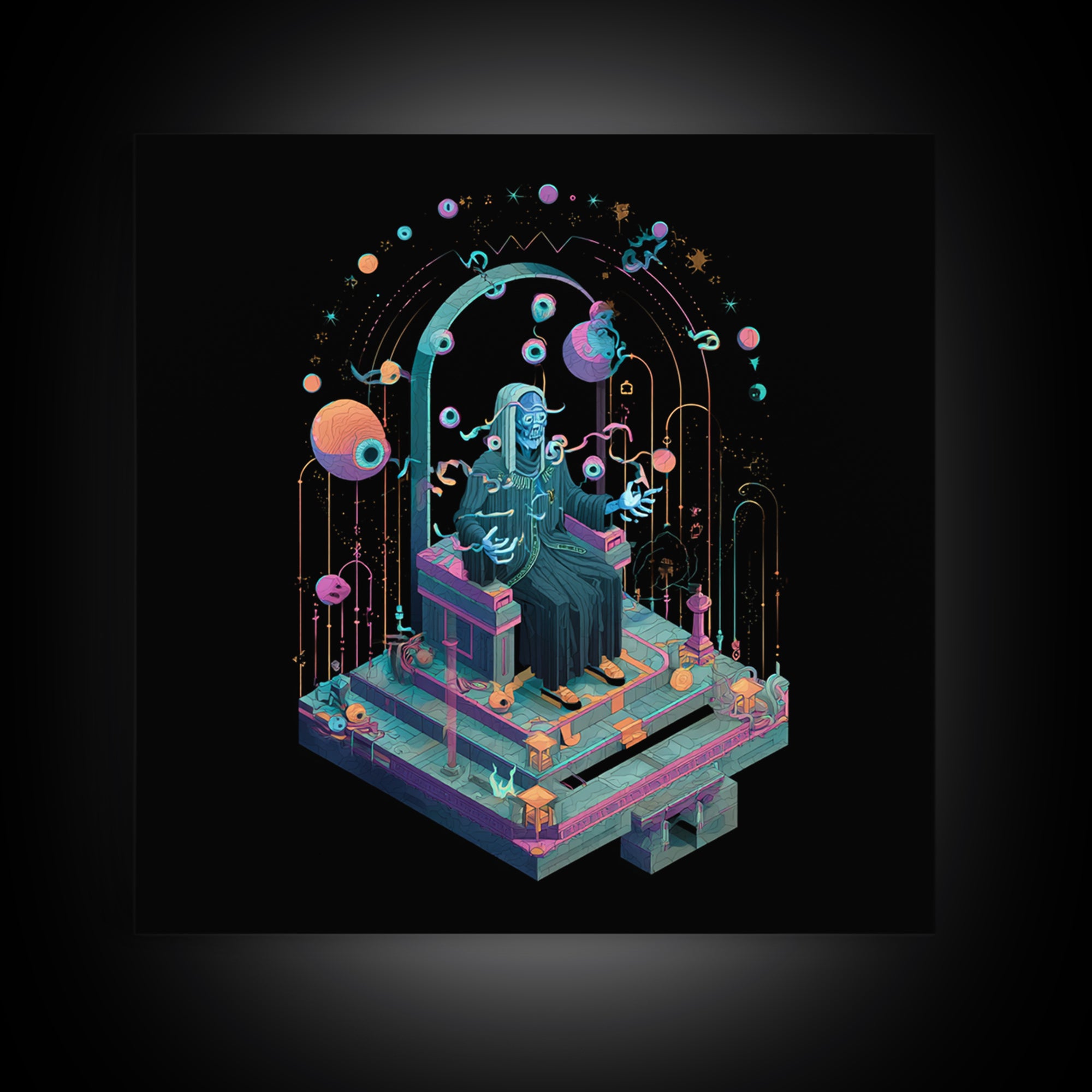 The Dreaming Priest Of The Outer Gate, Cosmic Synthwave Horror, Square Wall Art, Framed Canvas Print, Retro Halloween Decor, Neon Wall Art