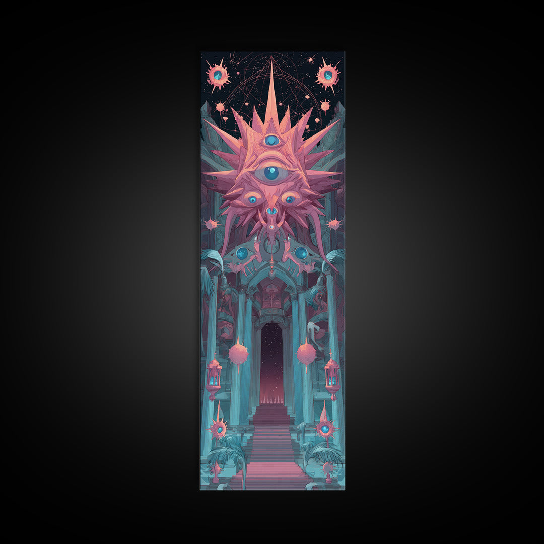The Dreaming Priest Of The Outer Gate, Cute Spooky Neon Art, Tall Narrow Wall Art, Canvas Print, Retro Halloween Decor, Neon Wall Art