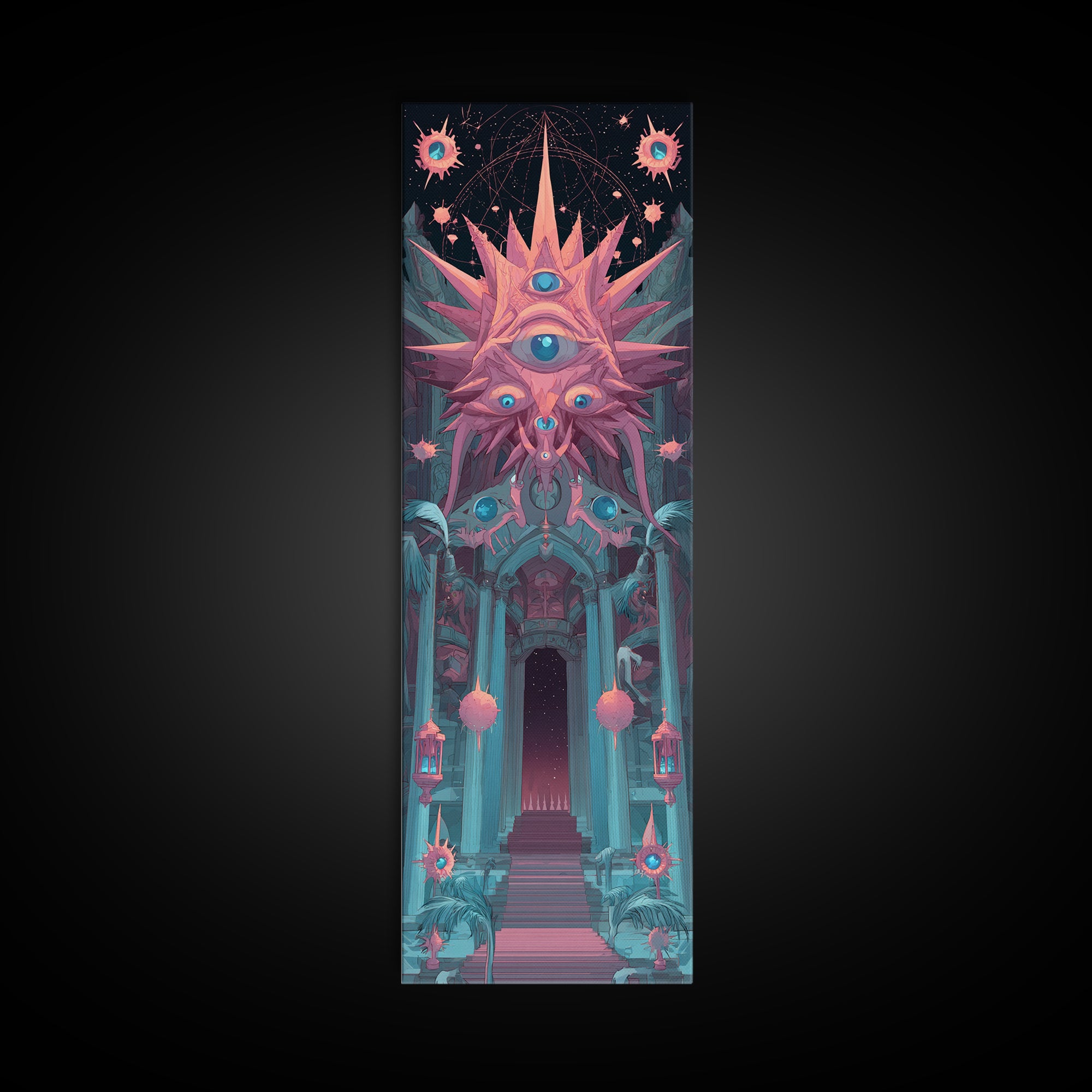 The Dreaming Priest Of The Outer Gate, Cute Spooky Neon Art, Tall Narrow Wall Art, Canvas Print, Retro Halloween Decor, Neon Wall Art
