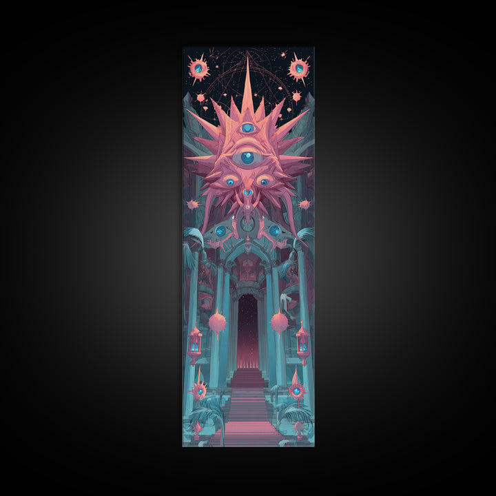 The Dreaming Priest Of The Outer Gate, Cute Spooky Neon Art, Tall Narrow Wall Art, Canvas Print, Retro Halloween Decor, Neon Wall Art