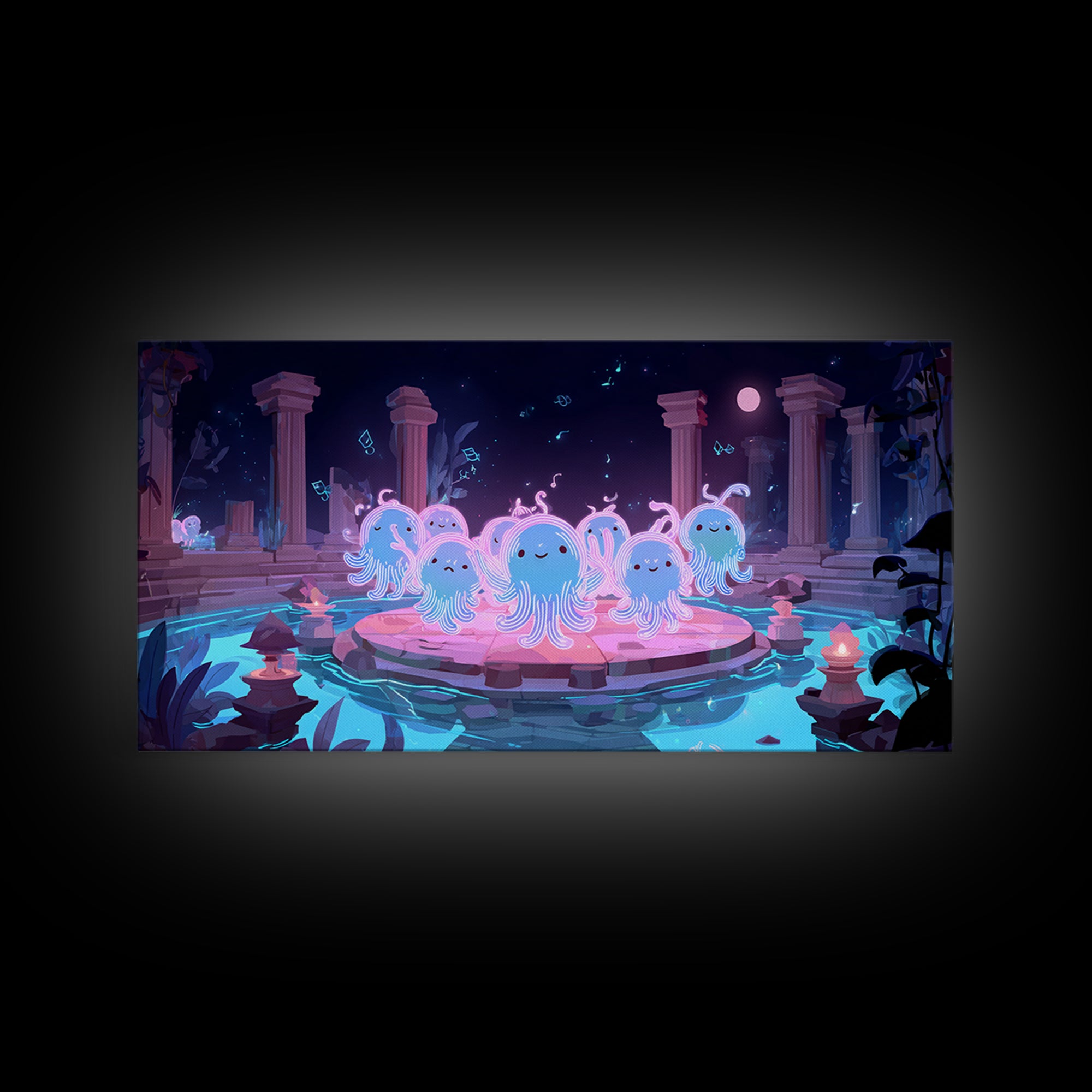 The Choir Of Deepwater Acolytes, Cute Spooky Neon Art, Wide Panoramic Art, Canvas Print, Retro Halloween Decor, Neon Wall Art