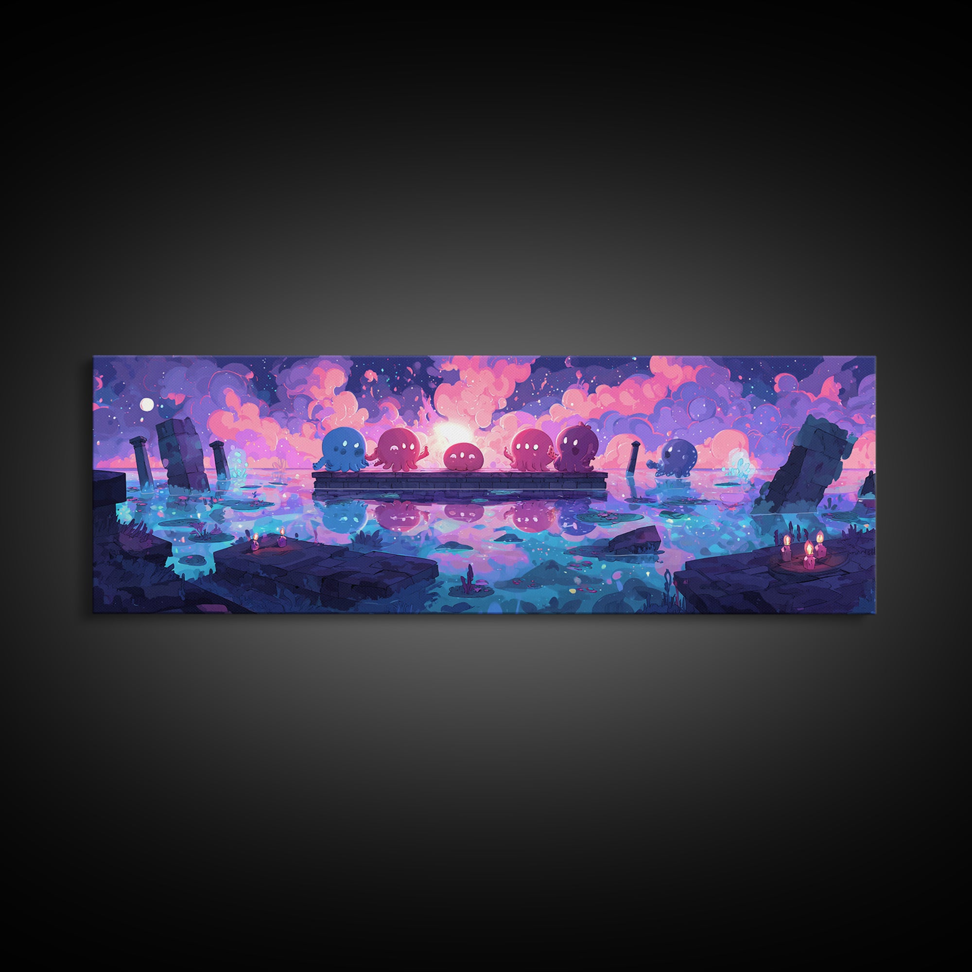 The Choir Of Deepwater Acolytes, Synthwave Halloween Art, Extra Wide Wall Art, Canvas Print, Retro Halloween Decor, Neon Wall Art