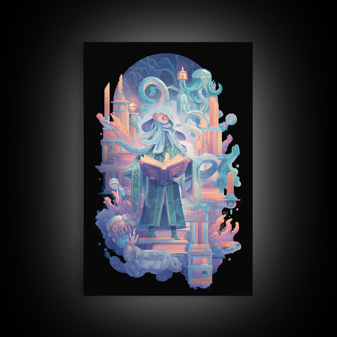 The Librarian Of Forbidden Tides, Retro Neon Halloween Art, Vertical Wall Art, Framed Canvas Print, Retro Halloween Decor, Neon Wall Art
