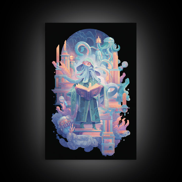 The Librarian Of Forbidden Tides, Retro Neon Halloween Art, Vertical Wall Art, Framed Canvas Print, Retro Halloween Decor, Neon Wall Art