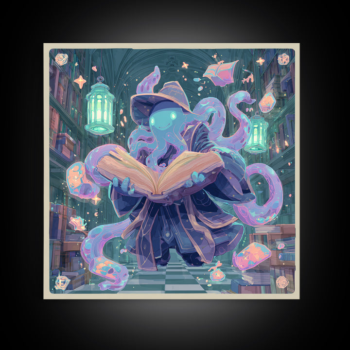 The Librarian Of Forbidden Tides, Cute Spooky Neon Art, Square Wall Art, Canvas Print, Retro Halloween Decor, Neon Wall Art
