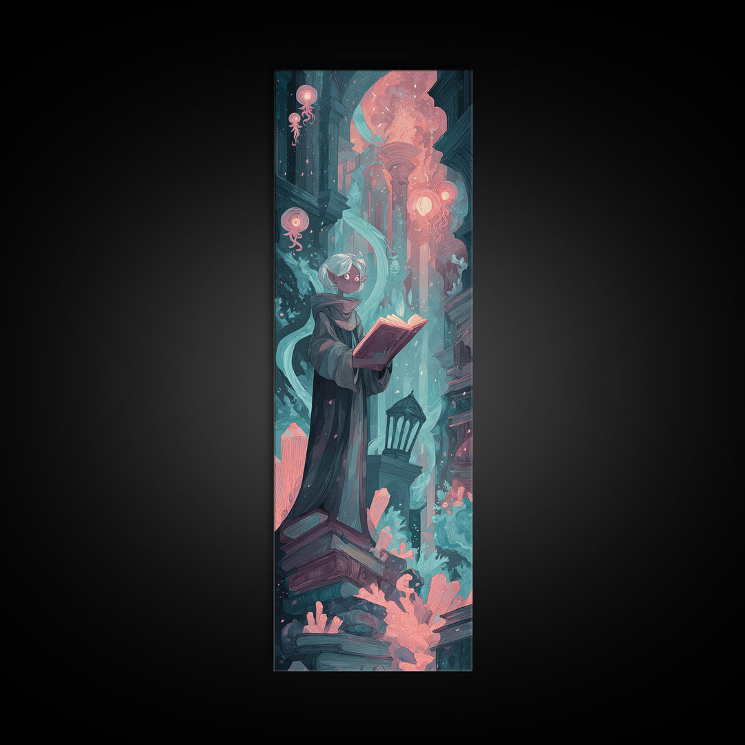 The Librarian Of Forbidden Tides, Cosmic Synthwave Horror, Tall Narrow Wall Art, Canvas Print, Retro Halloween Decor, Neon Wall Art