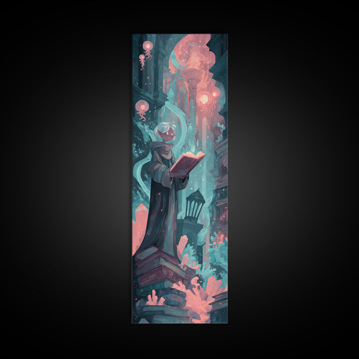 The Librarian Of Forbidden Tides, Cosmic Synthwave Horror, Tall Narrow Wall Art, Canvas Print, Retro Halloween Decor, Neon Wall Art