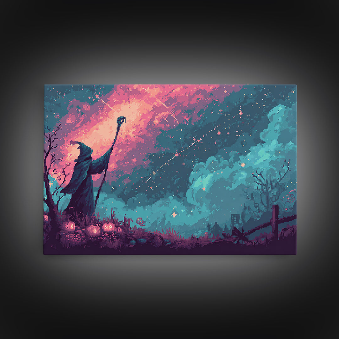 The Star-Seer Of Black Dunwich, Cute Spooky Neon Art, Landscape Wall Art, Framed Canvas Print, Retro Halloween Decor, Neon Wall Art