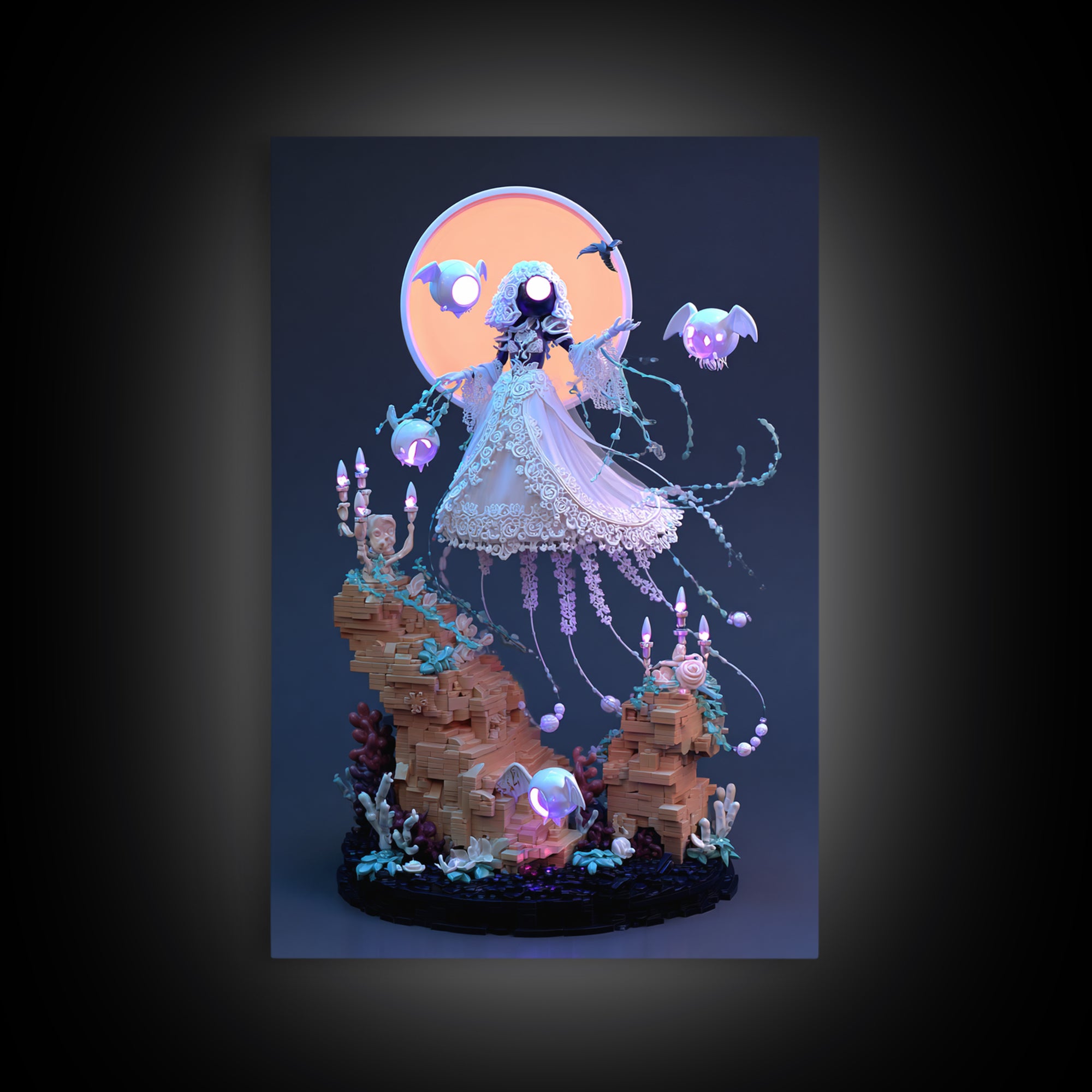 The Bride Of The Abyssal Moon, Cute Eldritch Neon Art, Vertical Wall Art, Framed Canvas Print, Retro Halloween Decor, Neon Wall Art