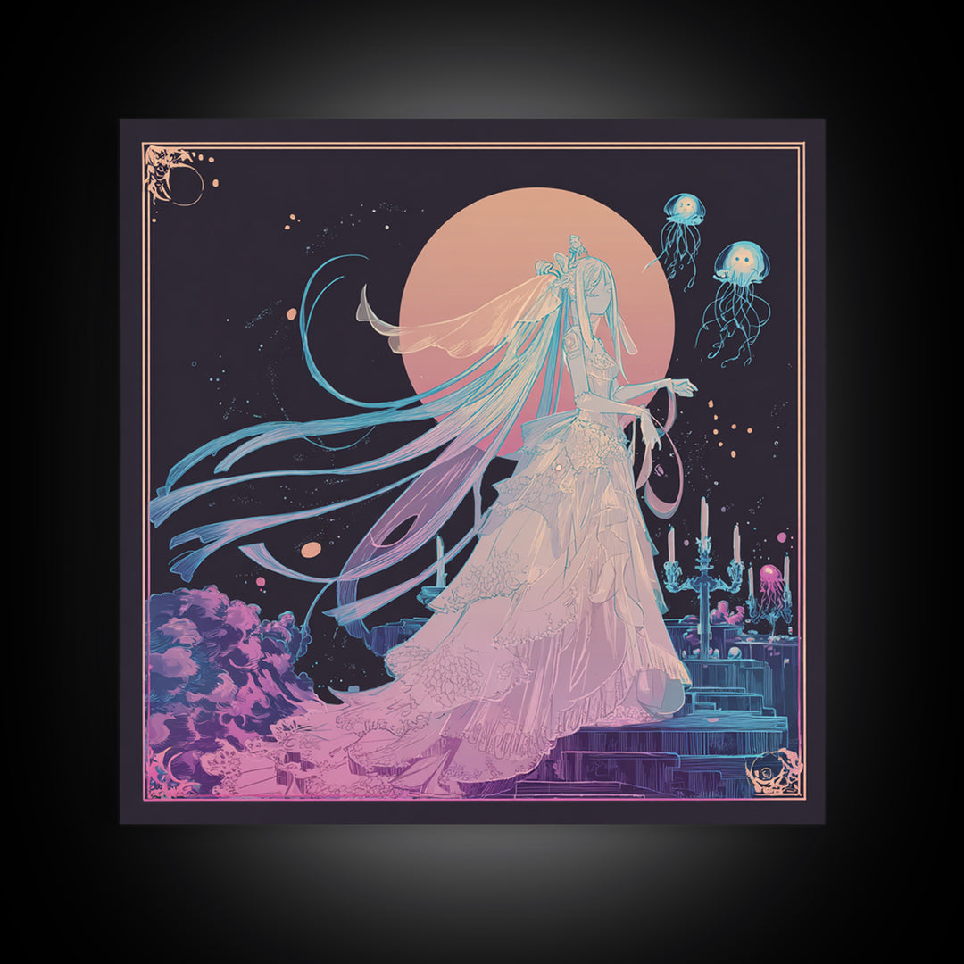 The Bride Of The Abyssal Moon, Cute Eldritch Neon Art, Square Wall Art, Framed Canvas Print, Retro Halloween Decor, Neon Wall Art