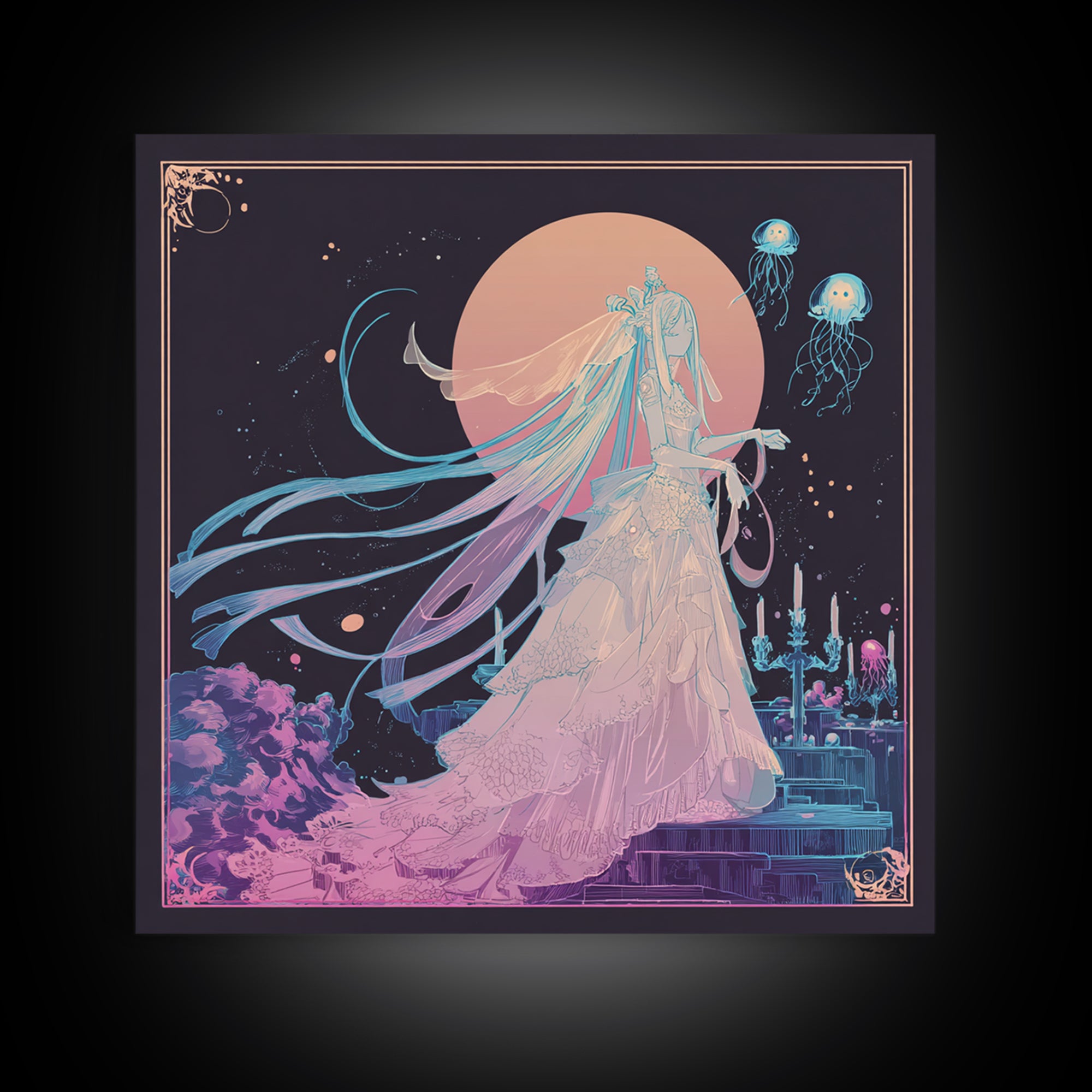 The Bride Of The Abyssal Moon, Cute Eldritch Neon Art, Square Wall Art, Framed Canvas Print, Retro Halloween Decor, Neon Wall Art