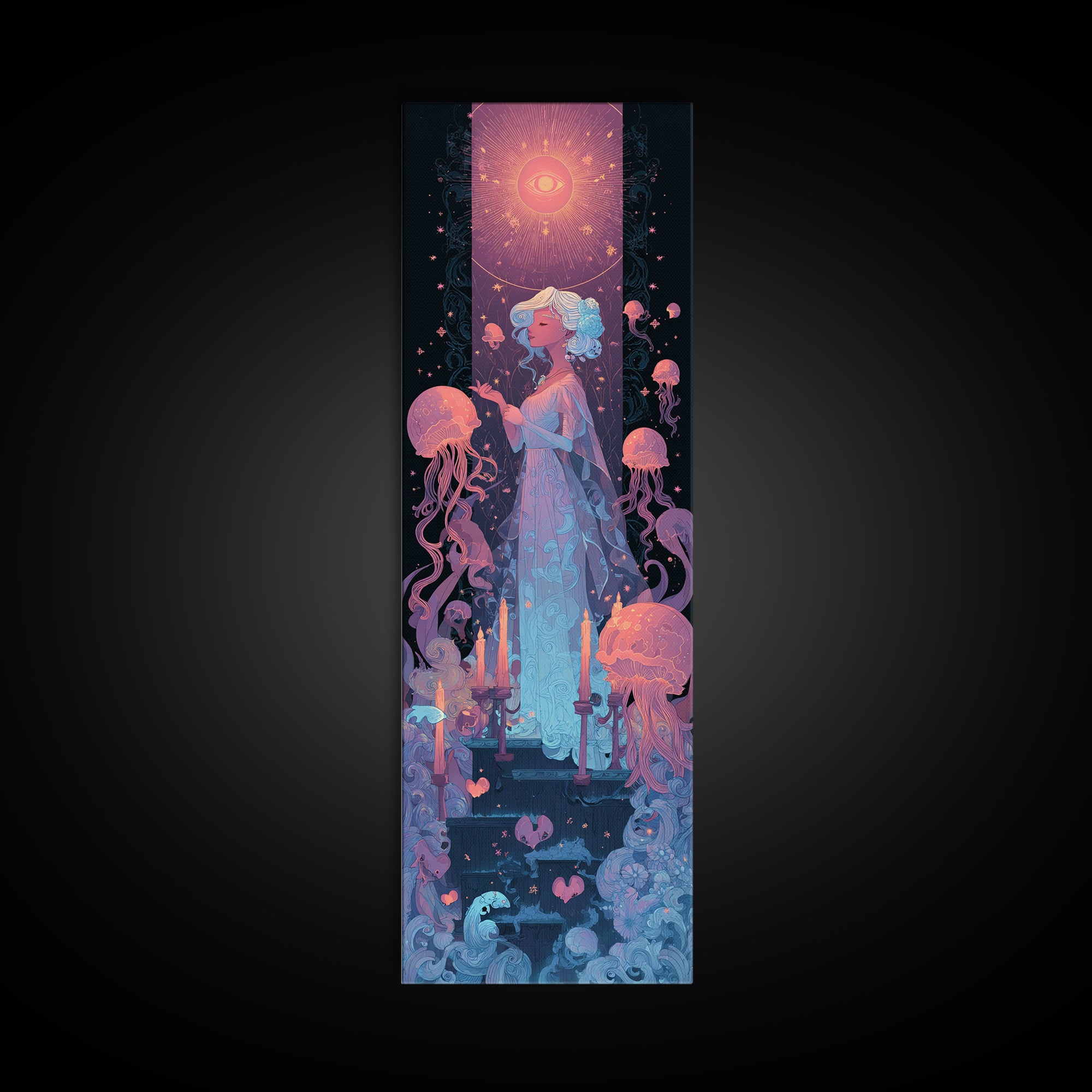 The Bride Of The Abyssal Moon, Cosmic Synthwave Horror, Tall Narrow Wall Art, Canvas Print, Retro Halloween Decor, Neon Wall Art