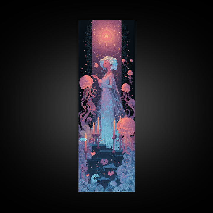 The Bride Of The Abyssal Moon, Cosmic Synthwave Horror, Tall Narrow Wall Art, Canvas Print, Retro Halloween Decor, Neon Wall Art