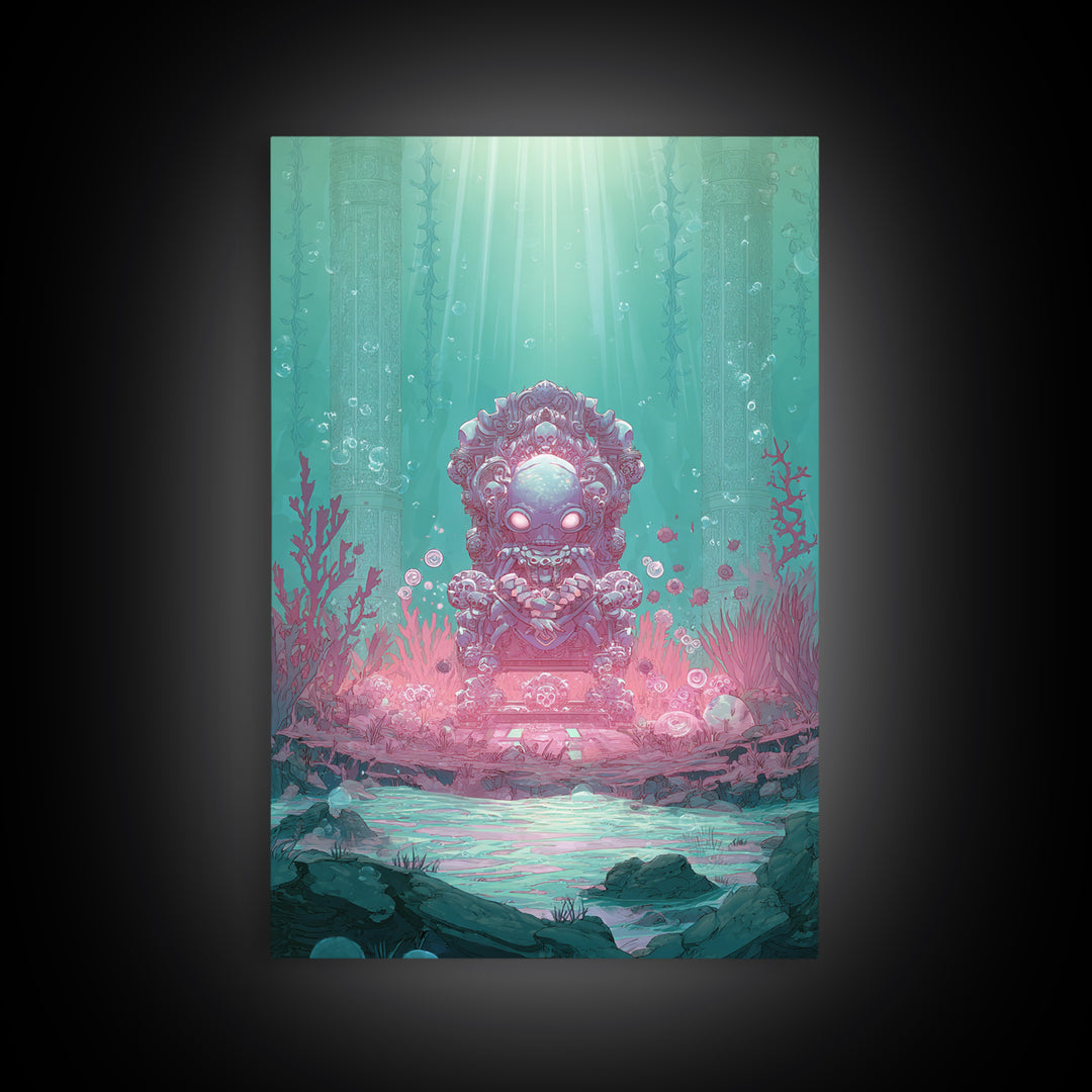 The Watcher In The Coral Throne, Retro Neon Halloween Art, Vertical Wall Art, Canvas Print, Retro Halloween Decor, Neon Wall Art