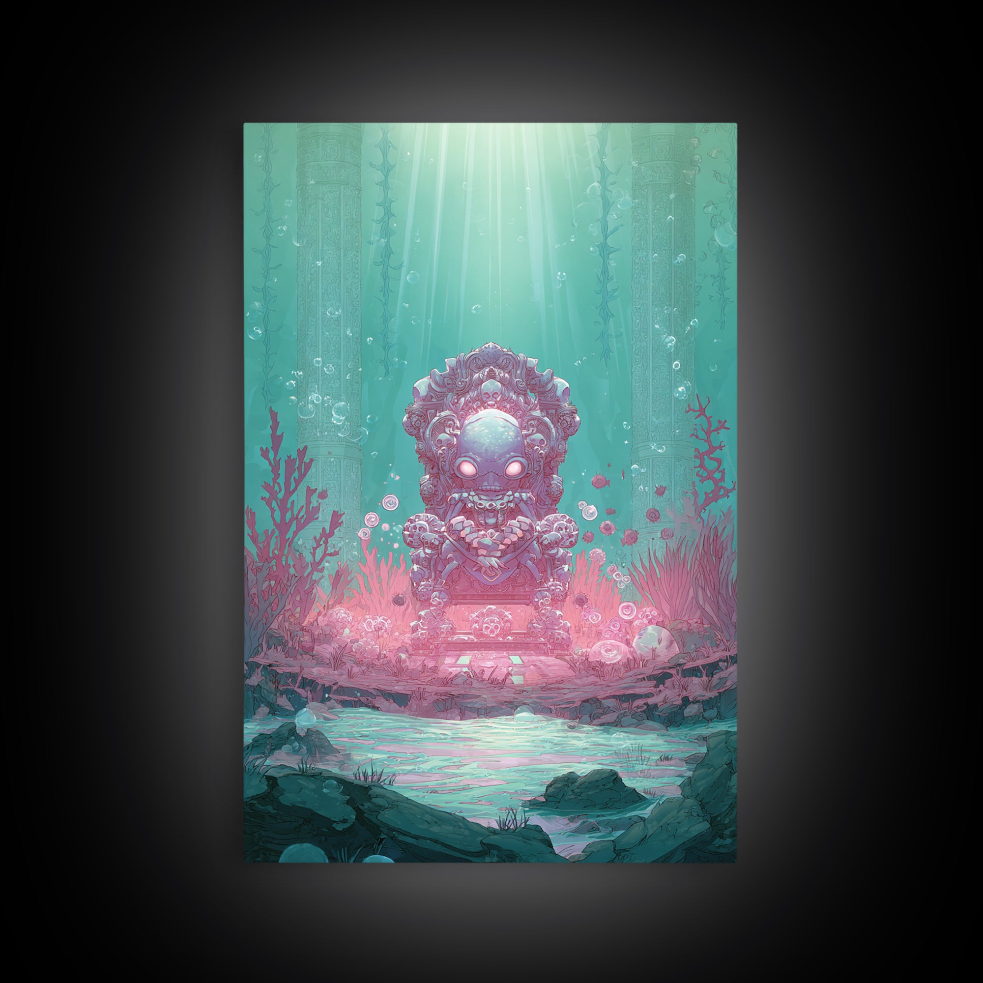 The Watcher In The Coral Throne, Retro Neon Halloween Art, Vertical Wall Art, Canvas Print, Retro Halloween Decor, Neon Wall Art