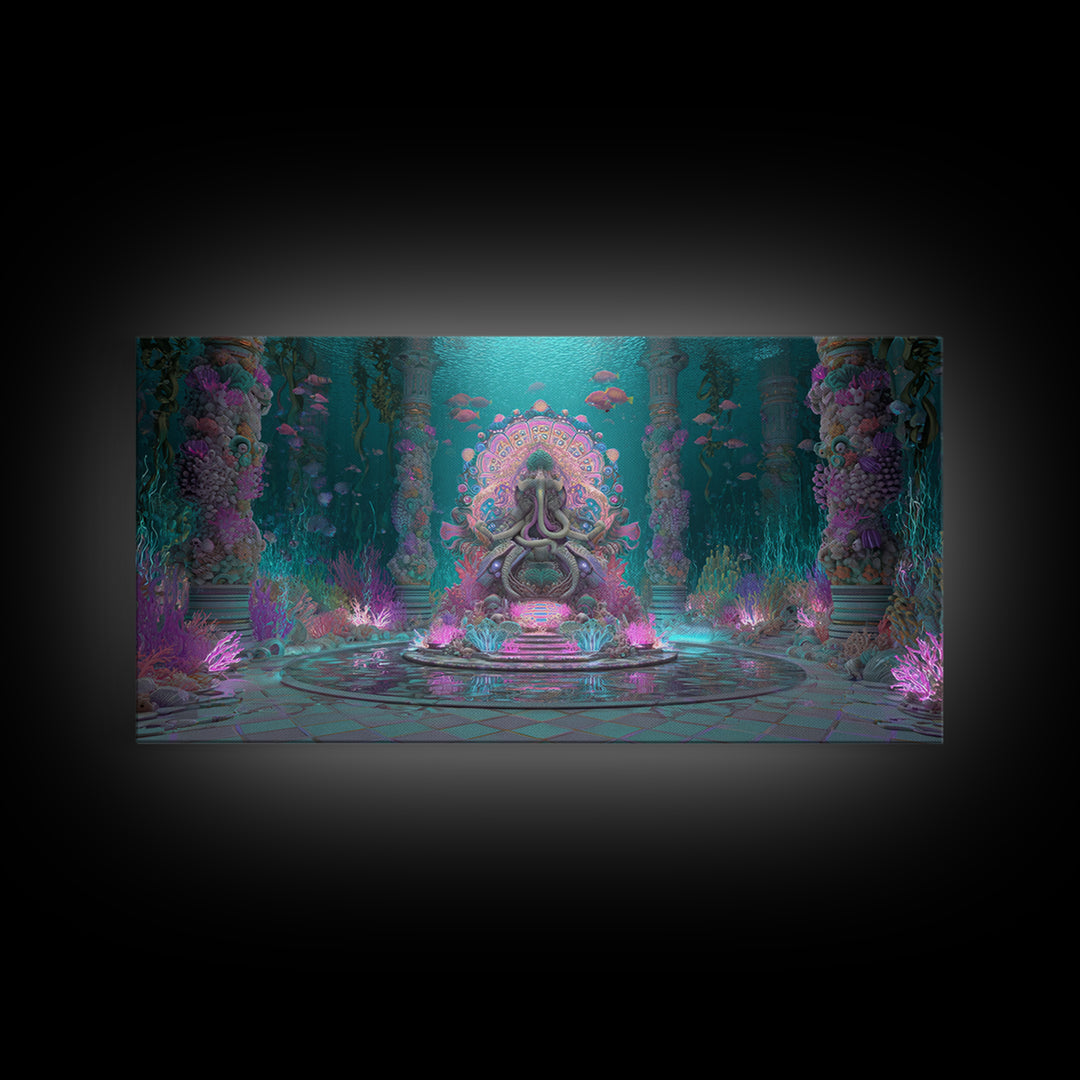 The Watcher In The Coral Throne, Vaporwave Halloween Decor, Wide Panoramic Art, Framed Canvas Print, Retro Halloween Decor, Neon Wall Art