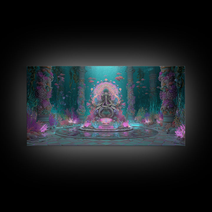 The Watcher In The Coral Throne, Vaporwave Halloween Decor, Wide Panoramic Art, Framed Canvas Print, Retro Halloween Decor, Neon Wall Art