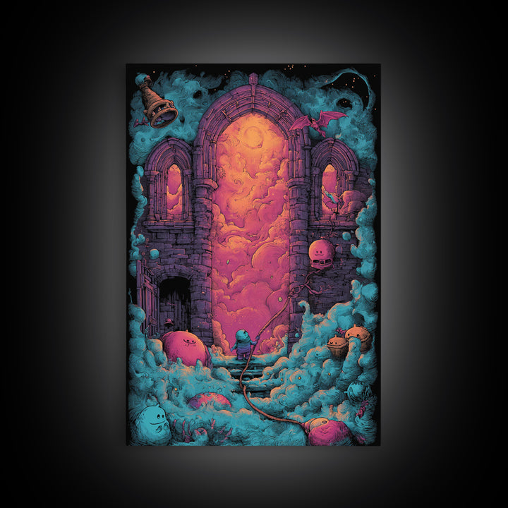 The Bellringer Of The Sunken Cathedral, Cute Eldritch Neon Art, Vertical Wall Art, Canvas Print, Retro Halloween Decor, Neon Wall Art