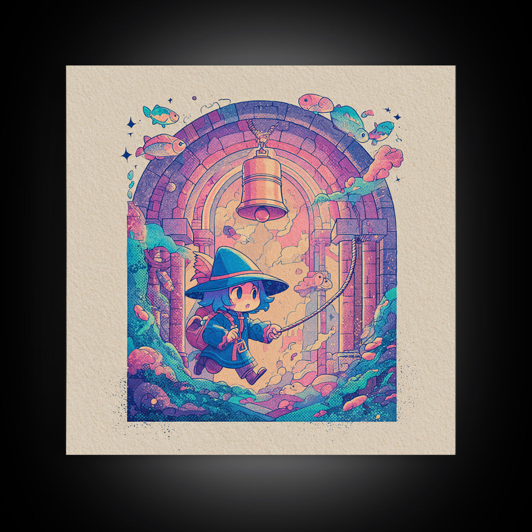 The Bellringer Of The Sunken Cathedral, Cosmic Synthwave Horror, Square Wall Art, Framed Canvas Print, Retro Halloween Decor, Neon Wall Art