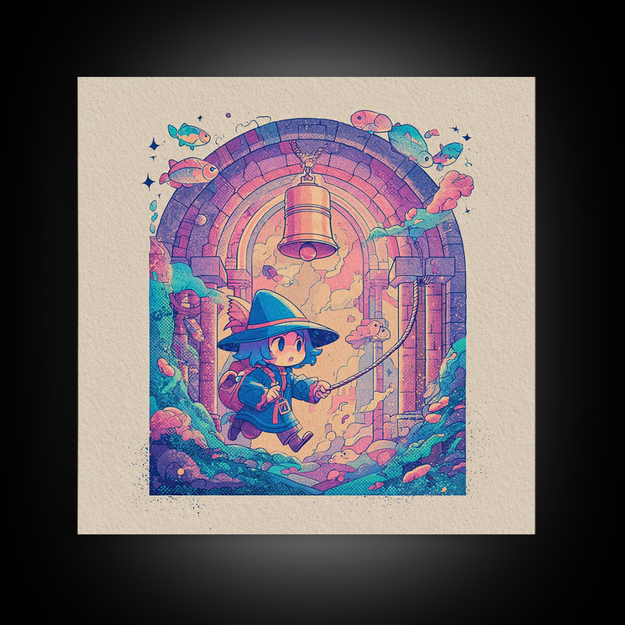 The Bellringer Of The Sunken Cathedral, Cosmic Synthwave Horror, Square Wall Art, Framed Canvas Print, Retro Halloween Decor, Neon Wall Art