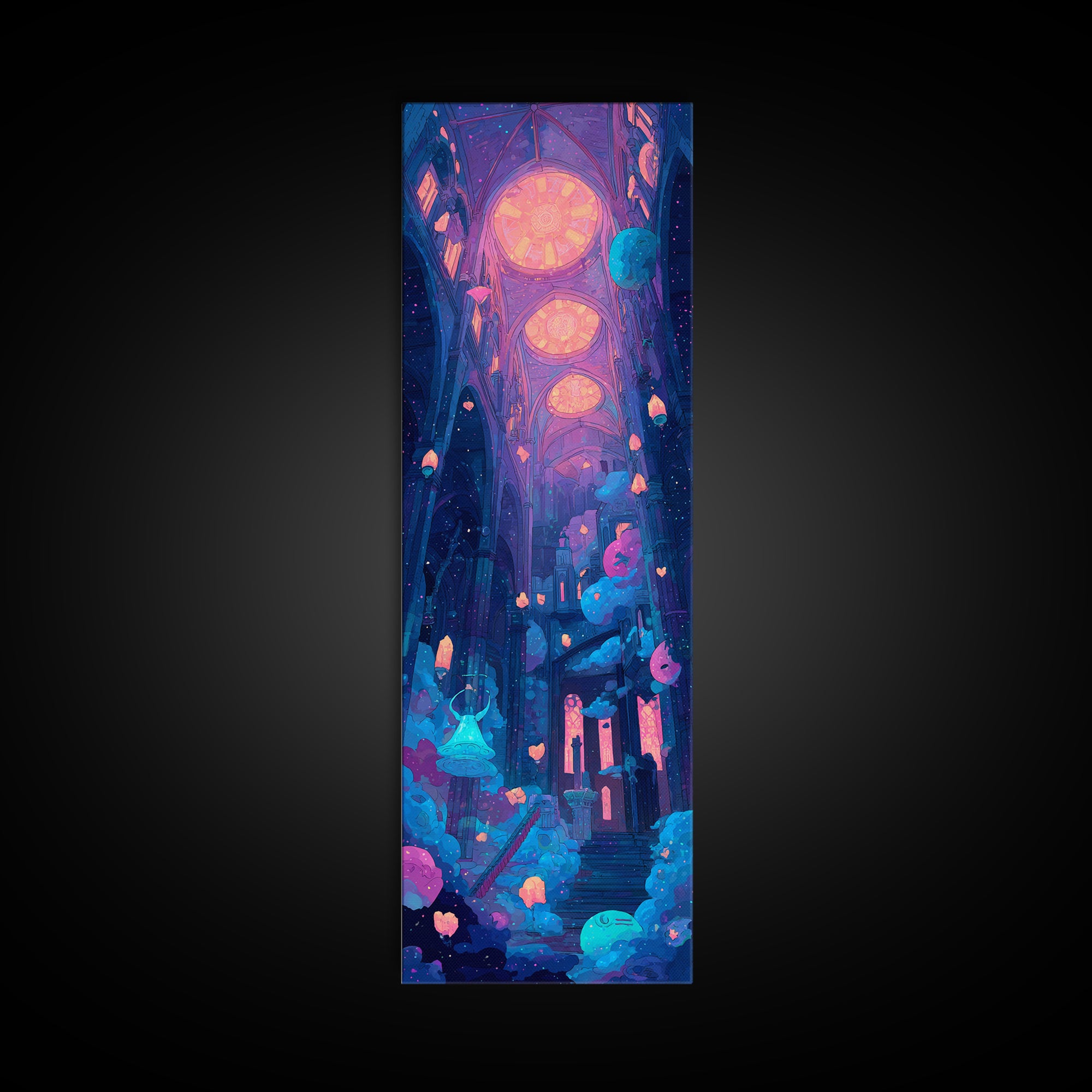 The Bellringer Of The Sunken Cathedral, Cute Spooky Neon Art, Tall Narrow Wall Art, Canvas Print, Retro Halloween Decor, Neon Wall Art