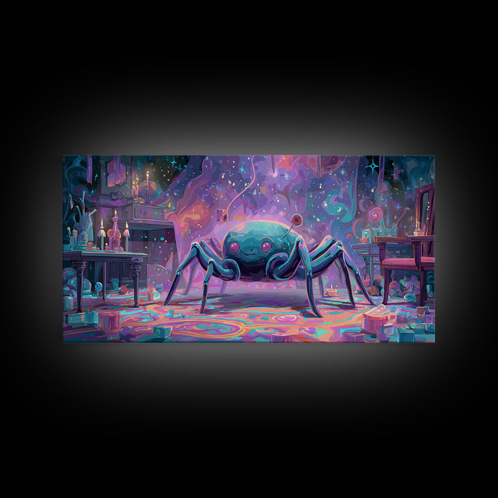 The Crawler Beneath The Floor Of Stars, Retro Neon Halloween Art, Wide Panoramic Art, Framed Canvas Print, Retro Halloween Decor