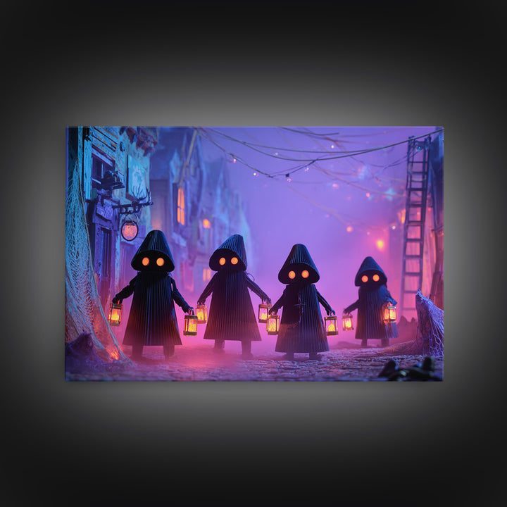 The Innsmouth Lantern Procession, Synthwave Halloween Art, Landscape Wall Art, Framed Canvas Print, Retro Halloween Decor, Neon Wall Art