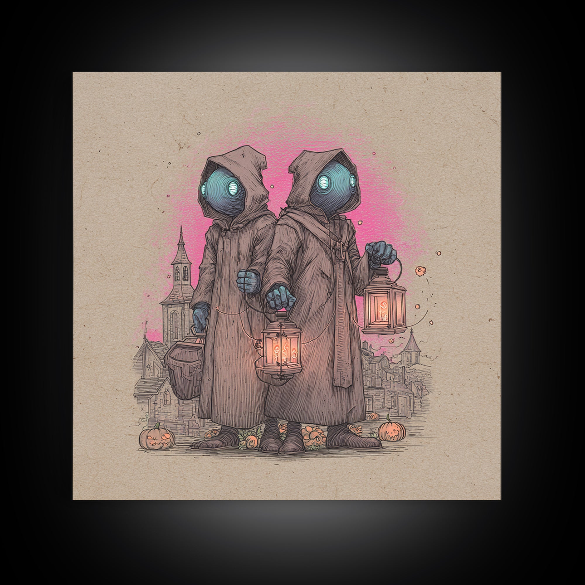 The Innsmouth Lantern Procession, 80s Halloween Wall Art, Square Wall Art, Canvas Print, Retro Halloween Decor, Neon Wall Art