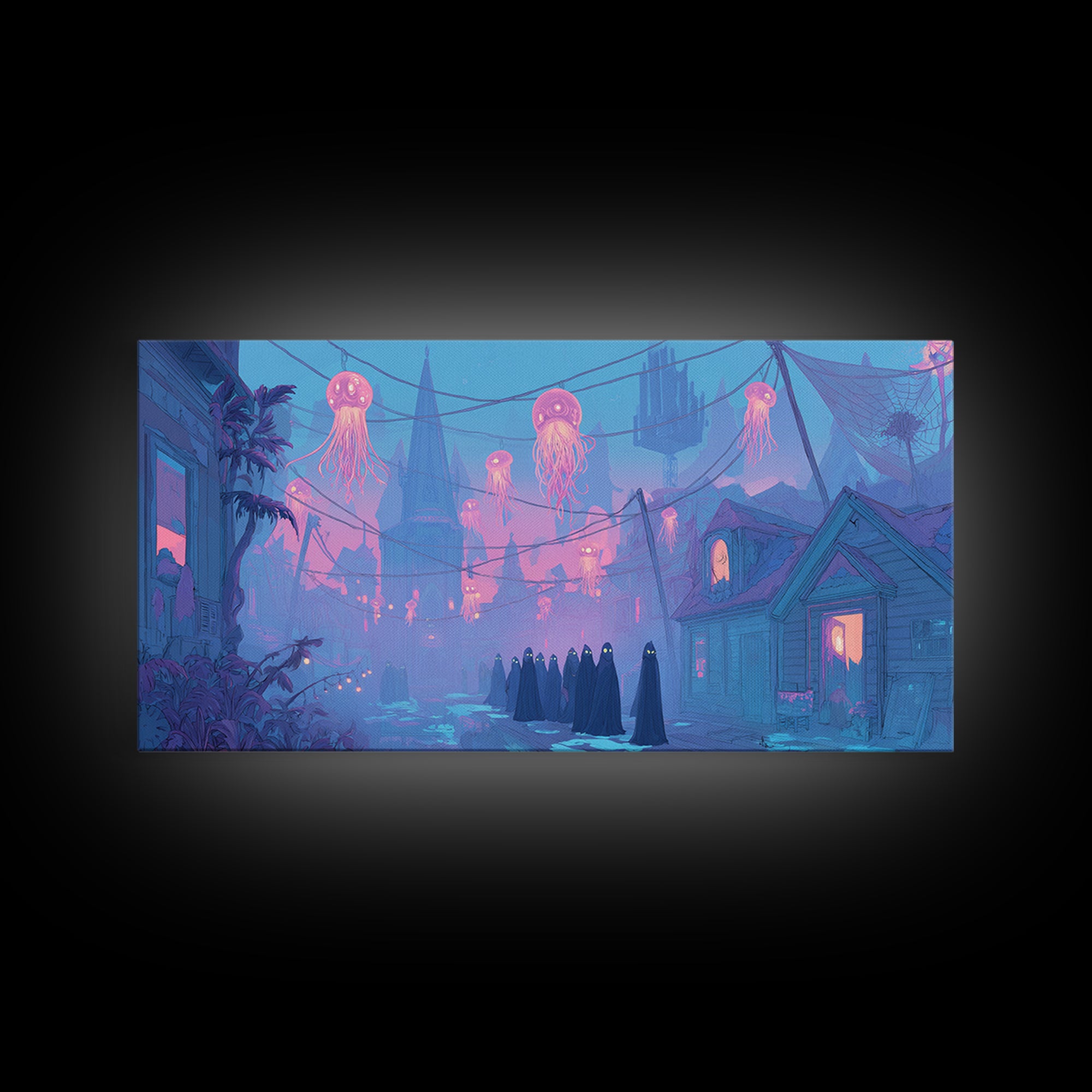 The Innsmouth Lantern Procession, Cute Eldritch Neon Art, Wide Panoramic Art, Framed Canvas Print, Retro Halloween Decor, Neon Wall Art