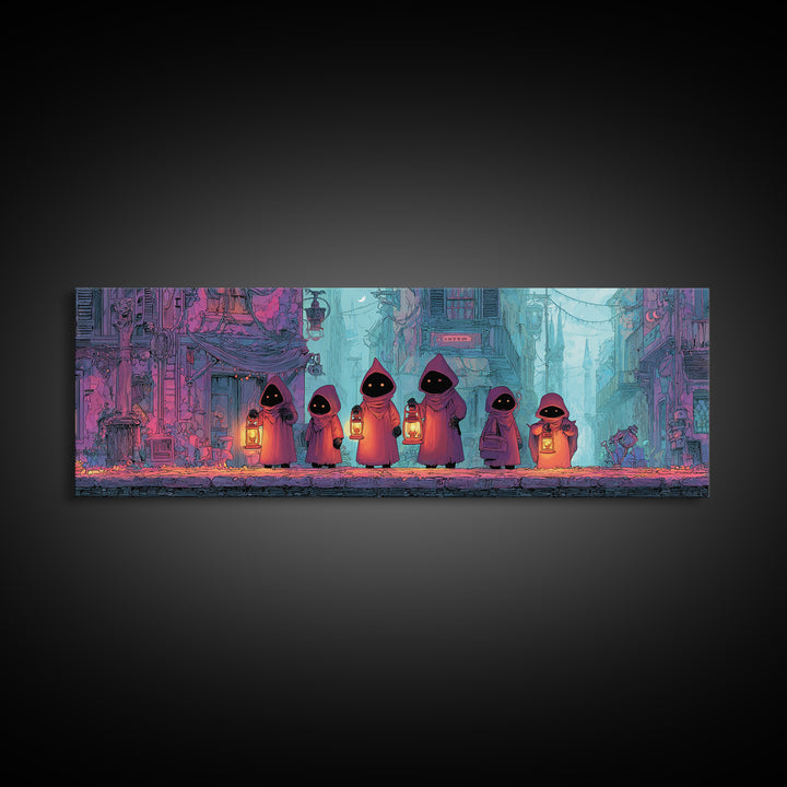 The Innsmouth Lantern Procession, Retro Neon Halloween Art, Extra Wide Wall Art, Framed Canvas Print, Retro Halloween Decor, Neon Wall Art