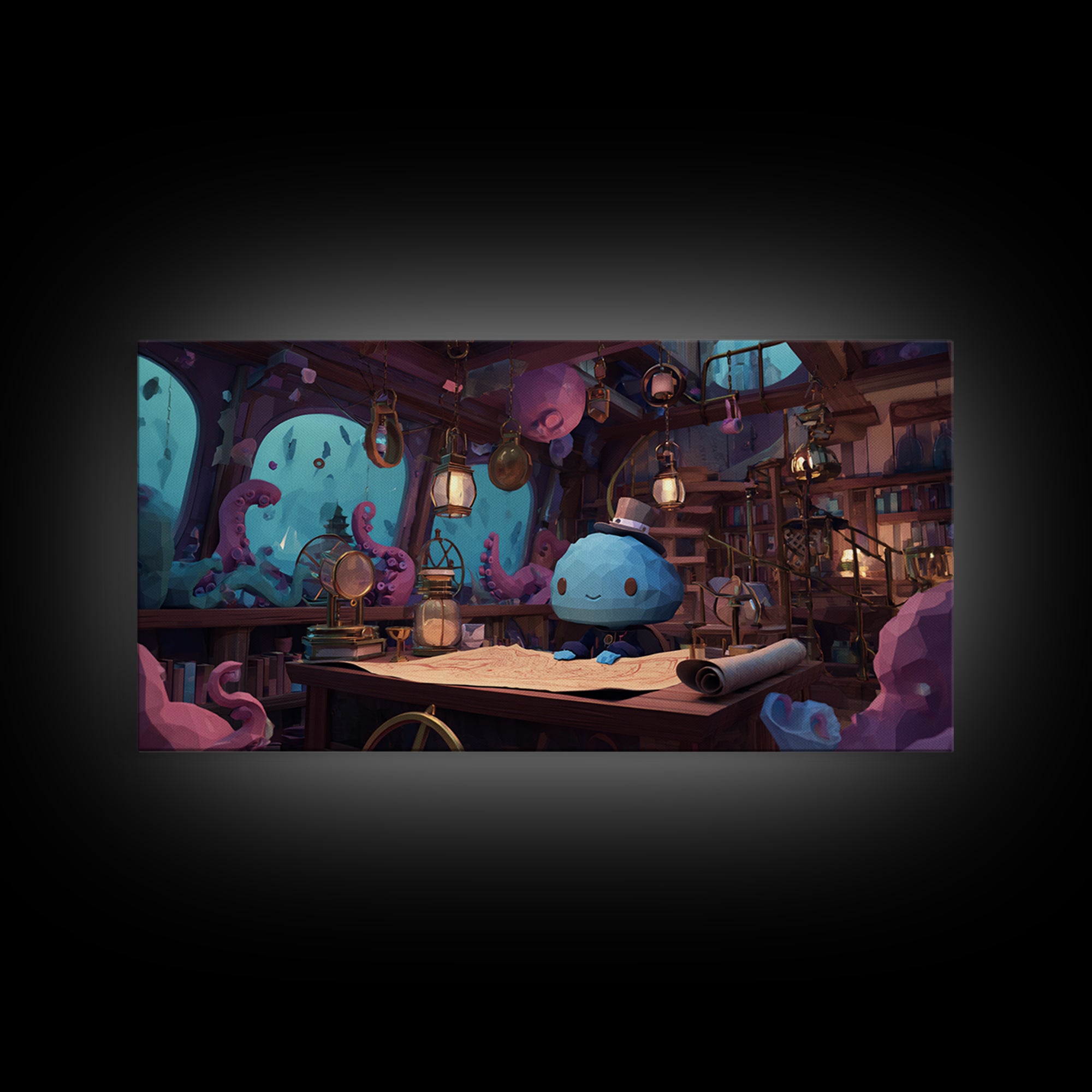 The Mapmaker Of Impossible Shores, Cosmic Synthwave Horror, Wide Panoramic Art, Framed Canvas Print, Retro Halloween Decor, Neon Wall Art