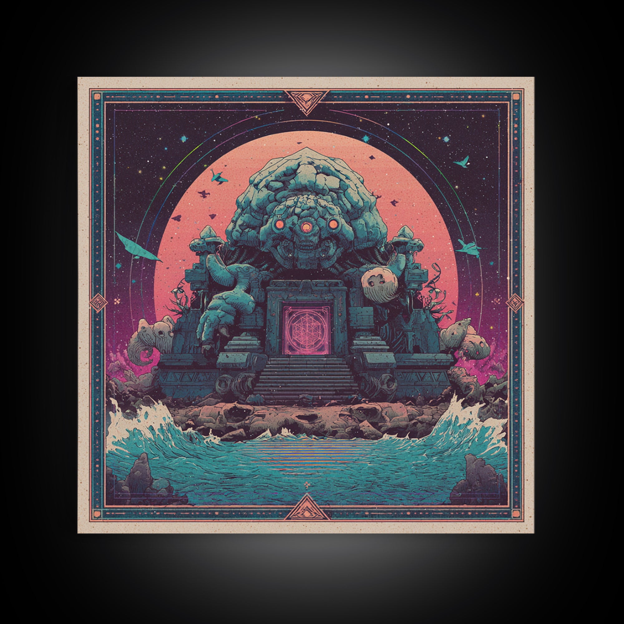 The Keeper Of The Black Reef Key, Synthwave Halloween Art, Square Wall Art, Canvas Print, Retro Halloween Decor, Neon Wall Art