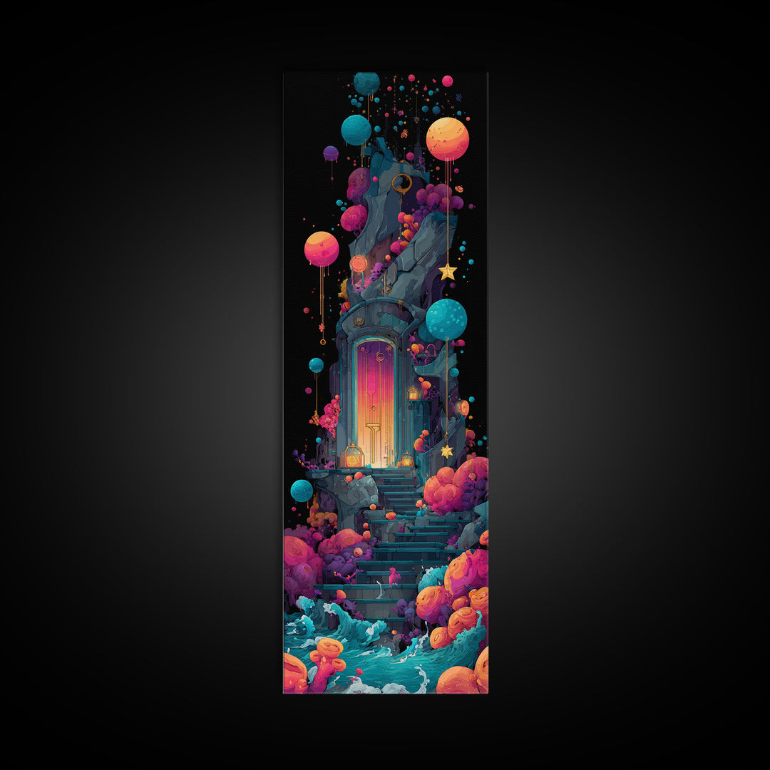 The Keeper Of The Black Reef Key, 80s Halloween Wall Art, Tall Narrow Wall Art, Canvas Print, Retro Halloween Decor, Neon Wall Art
