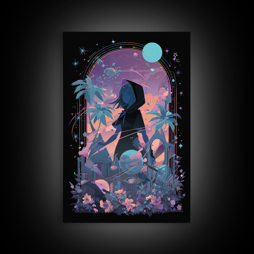 The Widow Of The Whispering Comet, Cosmic Synthwave Horror, Vertical Wall Art, Canvas Print, Retro Halloween Decor, Neon Wall Art