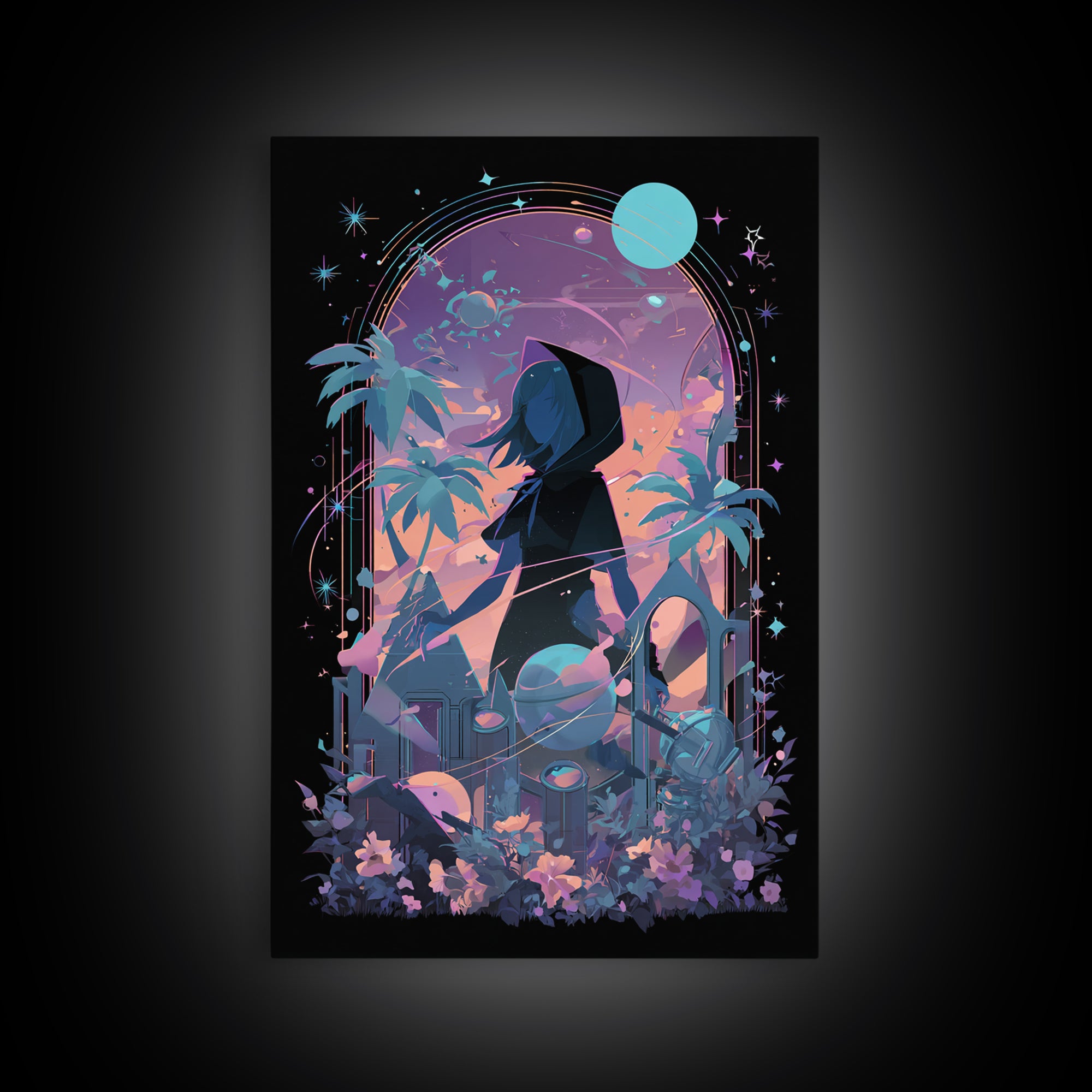 The Widow Of The Whispering Comet, Cosmic Synthwave Horror, Vertical Wall Art, Canvas Print, Retro Halloween Decor, Neon Wall Art