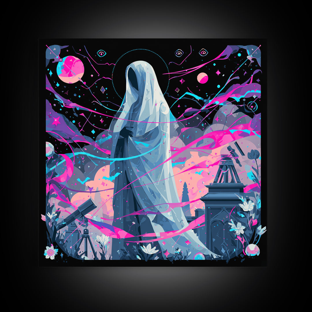 The Widow Of The Whispering Comet, Synthwave Halloween Art, Square Wall Art, Framed Canvas Print, Retro Halloween Decor, Neon Wall Art