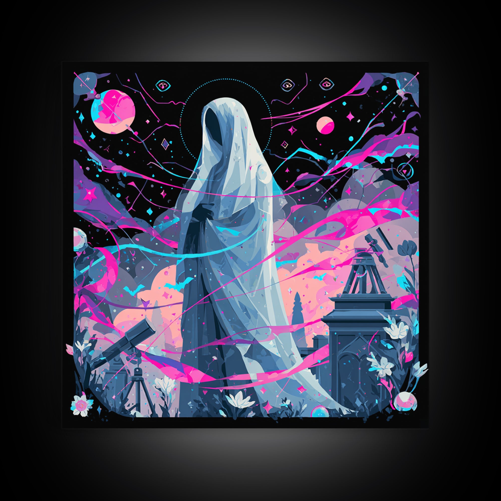 The Widow Of The Whispering Comet, Synthwave Halloween Art, Square Wall Art, Framed Canvas Print, Retro Halloween Decor, Neon Wall Art