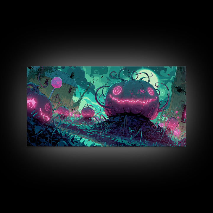 The Harvest Of The Eldritch Field, 80s Halloween Wall Art, Wide Panoramic Art, Canvas Print, Retro Halloween Decor, Neon Wall Art